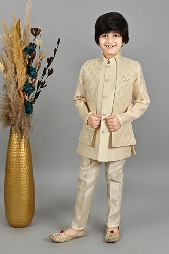 Image of AHHAAAA Kids Ethnic Silk Blend Waistcoat Kurta Pyjama Sherwani Set For Boys