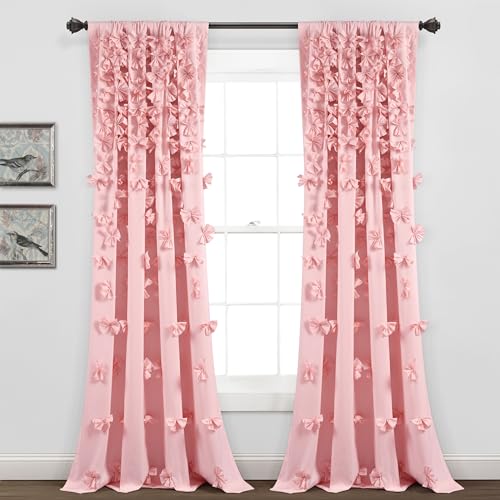Lush Decor Riley Light Filtering Window Curtain Panel, Single 54' W x 84' L, Pink - Cute Pink Curtains for Bedroom - Bow Decor - Coquette Curtains for Windows
