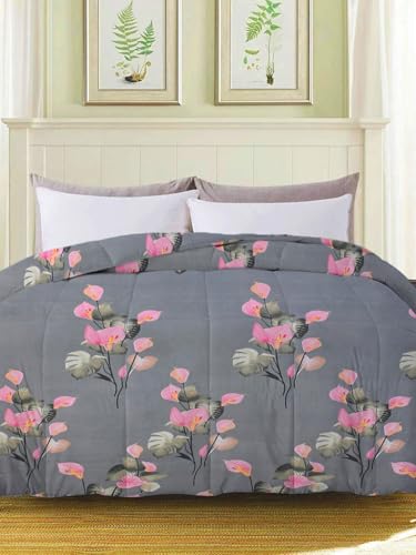 Image of HOMEKART 220 GSM Premium Reversible Microfiber AC Comforter for Single Bed | Soft, Lightweight & Breathable All-Season 3-Layer Quilted Blanket (150 cm x 225 cm, Floral, Grey and Pink)