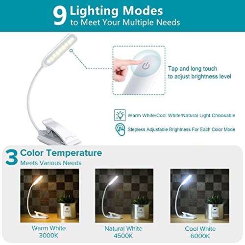 9 Led Book Light, Usb Rechargeable Reading Light, Stepless Dimming -3 Colortemperature × 3 Brightness, Power Indicator, For Bookworms, Kids & Travel (White) #TOP1