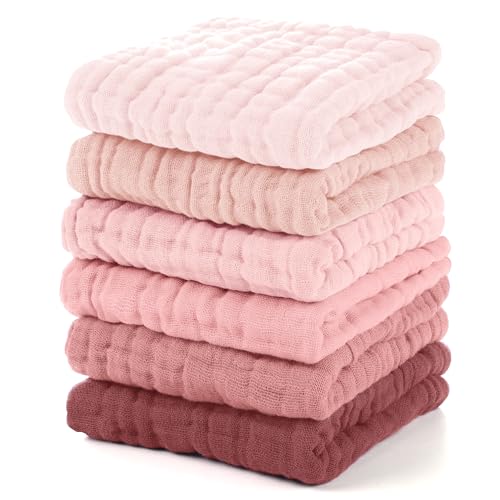 Image of Unnivoll Muslin Baby Washcloths 6 Pack, 100% Cotton Wash Cloths for Babies, Large 12''X12'' Burp Cloths Absorbent and Soft for Newborn Infants Kids Boys Girls - Gradient Pink