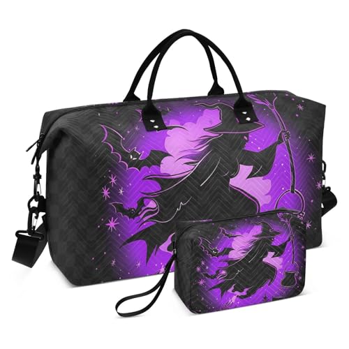 Duffel Bag for Traveling, Halloween Purple Witch Bat Gym Bags with Multiple Interior Pockets for Women Men Toiletry Purse Included 20.5”x 1.9” x 13.8”