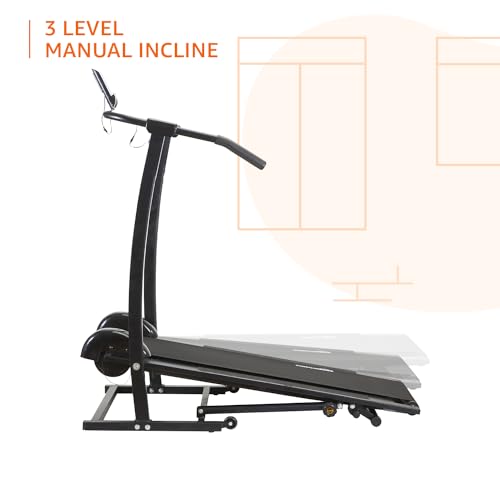 Image of amazon basics Smart Foldable Manual Treadmill with Wheels, 3 Level Incline, LCD Display with Heart Sensors, Max User Weight 100 Kg, Black