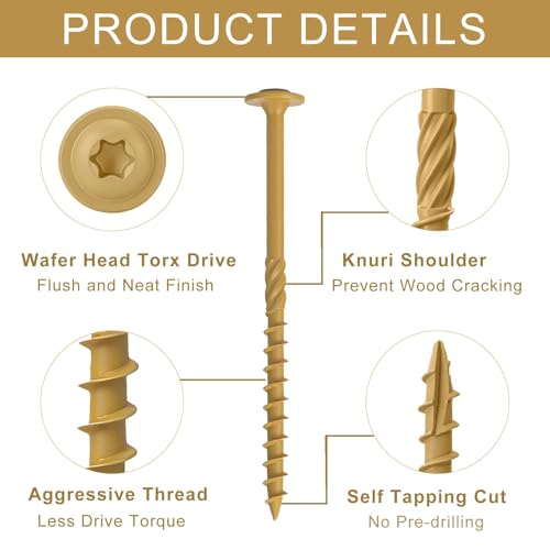 FandWay 50 Pcs Timber Screws,6.3x125mm Heavy Duty Structural Wood Screws,Torx Wafer Head Fixing Deck Screw,Rust Epoxy Coated With T30 Star Bits for Outdoor Log Landscape Frame Construction (Yellow). 2 FandWay 50 Pcs Timber Screws,6.3x125mm Heavy Duty Structural Wood Screws,Torx Wafer Head Fixing Deck Screw,Rust Epoxy Coated With T30 Star Bits for Outdoor Log Landscape Frame Construction (Yellow). - Image 2