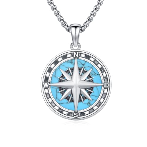 Collier boussole argent sterling et turquoise pour homme et femme
