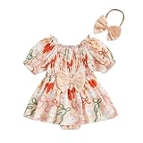 FEIBEL Infant Baby Girl Bunny Carrot Print Easter Romper Dress Short Puff Sleeve Bowknot Romper with Headband (Rabbit Apricot, 12-18 Months)