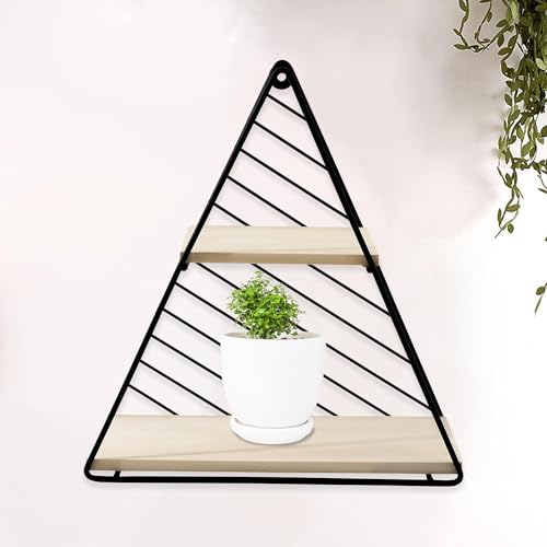 Image of Kuber Industries Triangular Iron Wall Decor for Bedroom | Lightweight, Wall Hanging Shelf Showcase for Living Room, Bedroom & Home Decor | Wood Floating Shelve for Balcony | Black