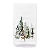 IAFQWDS Green Christmas Tree Deer Kitchen Towels, Christmas Pine Tree Dish Tea Towels, Xmas Winter Forest Reindeer Decorative Hand Towel for Bathroom Kitchen, 16x24 Inch