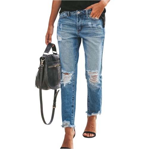 Cropped Straight Leg Jeans for Women Distressed High Waisted Stretch Capri Jeans Ripped Boyfriend Ankle Denim Pants