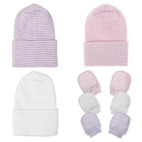 Image of Baby Caps and Mittens Newborn Hospital Beanie Hats No Scratch Gloves Soft Babies Gift Set for Boys Girls