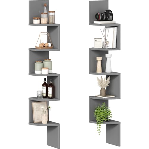 Image of HOOBRO Corner Shelf Wall-Mounted, Set of 2 Floating Corner Shelves for Wall, 5-Tier Bookshelves for Wall Decor in Living Room, Bedroom, Home Office, Dove Gray GY26BJP201