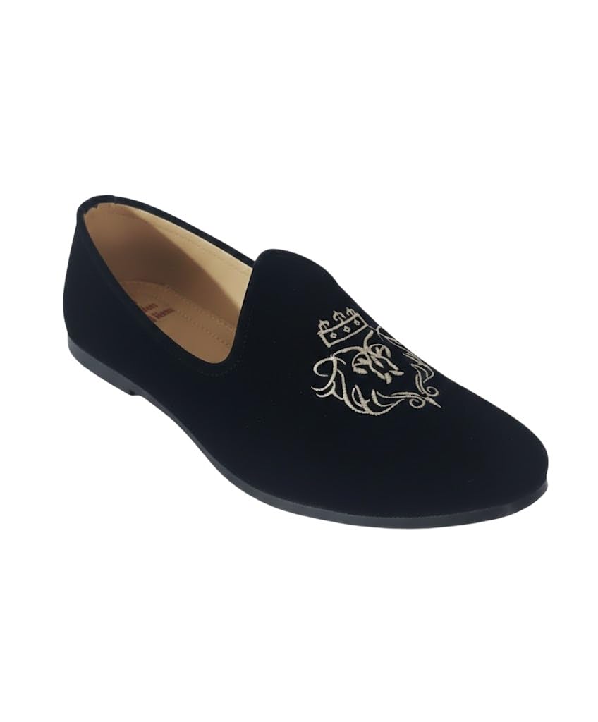 Luxury Men's Black Velvet Loafers – Elegant Gold Crown Embroidery Slip-On Dress Shoes for Weddings, Formals, and Galas-image-31