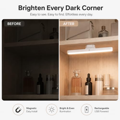 Image of Magnetic Rechargeable LED Light Bar - 30 cm White Plastic Under‑Cabinet & Closet Lamp with Touch‑Control, Dimmable, Multiple Light Modes, Portable Battery‑Powered, Ideal for Kitchen, Wardrobe, Makeup