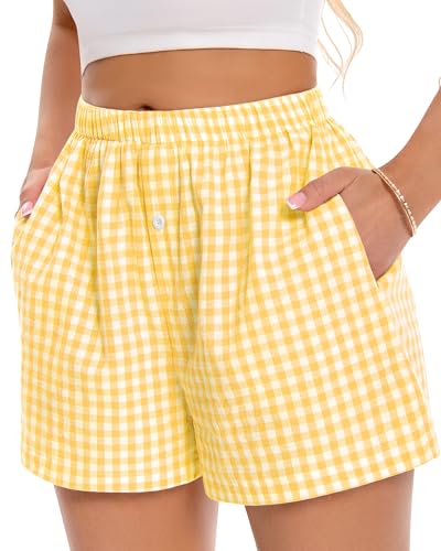 Image of Women Boxer Shorts Summer Gingham Pj Casual Plaid Bottoms with Pocket