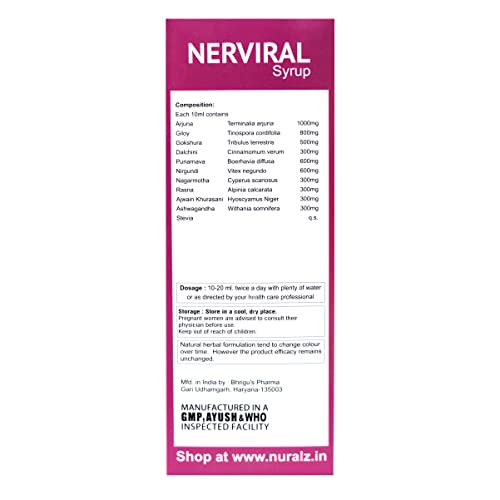 Image of Nuralz Nerviral Syrup - Nerves, Veins & Nervous System Health Supplement - With Goodness Of Arjuna, Giloy, Gokshura, Punarnava, Nirgundi, Nagarmotha, Rasna, And Ashwagandha (200 Ml)