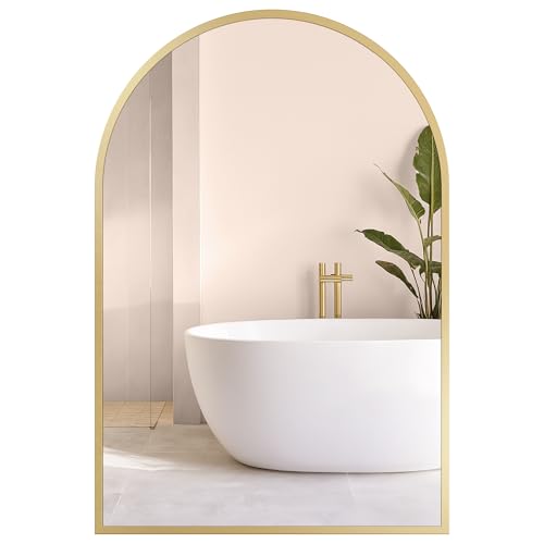 SONGMICS Espejo de Baño, Espejo de Pared, Arqueado, Marco de Aluminio, 91 x 61 cm, Lámina de Seguridad, Montaje Fácil, para Salón, Dormitorio, Dorado Claro LWM011AB01