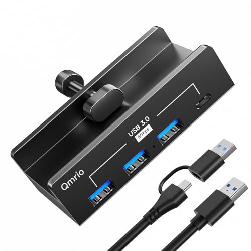 Qmrio USB Hub 3.0 5Gbps Clamp USB Hub for Desk/Monitors with Extra Power Supply Port 3 USB-A Data Ports USB-C Data Port for iMac Pro/iMac (Black)