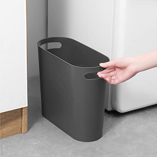 Image of rejomiik Small Trash Can, 3.5 Gallon Slim Garbage Can Plastic Waste Basket with Handles Container Bin for Narrow Spaces Bathroom, Bedroom, Kitchen, Office at Home, Dark Gray