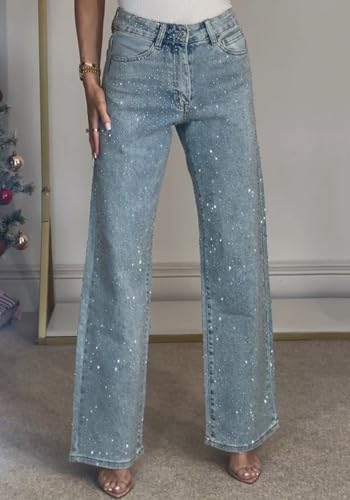 NRTHYE Womens High Waisted Rhinestone Jeans Baggy Straight Wide Leg Shiny Diamond Casual Denim Pants Trousers4