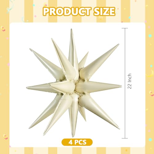 Image of TONIFUL 4 Pcs Explosion Star Balloons Cream White Foil Balloon Party Decor | 22 Inch Large Mylar Star Balloon for Cream Party Decor Boho Birthday Wedding Bridal Shower Neutral Baby Shower Engagement