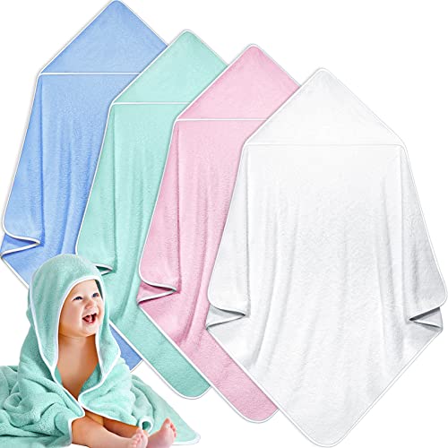 Image of Reginary 4 Pack Baby Hooded Towels Coral Fleece Baby Bath Towels 30 x 30 Inch Soft Absorbent Hooded Bath Blanket for Newborn Toddler Infant Boy Girl Shower Gift Supplies (White, Pink, Green, Blue)