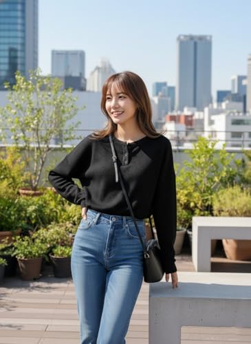 Image of Zilcon Full Sleeve Waffle (Wool) Oversized Tshirt for Women, Button Down Neck Longline Drop Shoulder Sweatshirt for Women