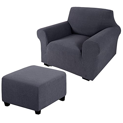 Andreannie Dark Grey Chair Slipcover with Separate Cushion Cover for Armchair Bundle Ottoman Slipcover (Dark Grey)