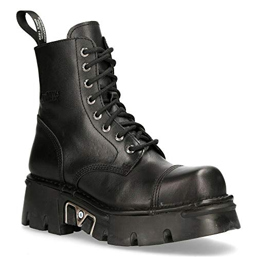 New Rock M-NEWMILI083-S19 Men's Metallic Combat Boots Black Leather Military Biker Goth Punk Shoes