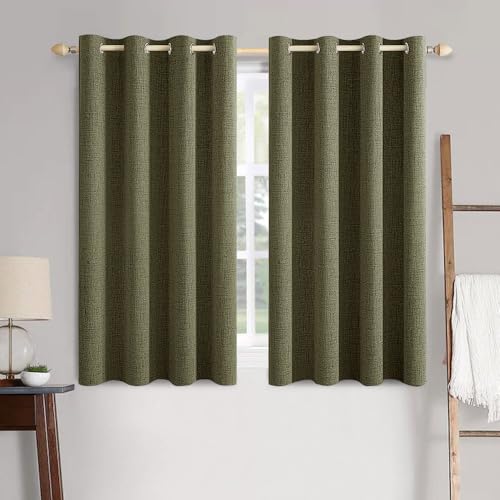 Image of MIULEE Linen Texture Curtains for Bedroom Solid 100% Blackout Thermal Insulated Light Olive Green Curtains Grommet Room Darkening Drapes for Living Room 52x54 Inch (2 Panels)