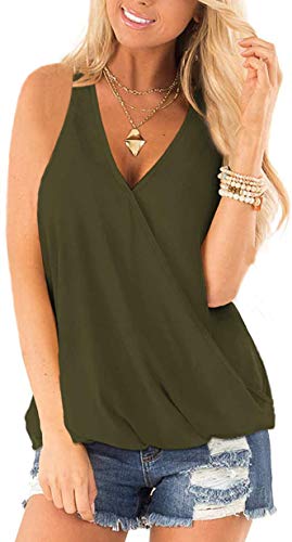 Hount Women's Summer Sleeveless Tank Tops Loose Fit Tank Tops Wrap Draped Surplice V Neck Casual Cami Tank(Army Gerrn,M)