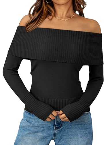 Trendy Queen Off The Shoulder Sweater for Women Cute Fall Going Out Tops Pullover Knit 2025 Sexy Date Night Outfits