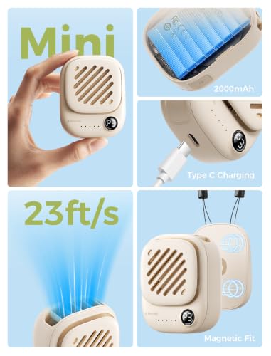 Image of Aecooly Magnetic Neck Fan, Snap On & Go, Mini Portable Hands Free Wearable Fan, USB Rechargeable [10H Max Cooling Time], Personal Battery Powered, Pocket for Travel, Summer, Gifts for Women -Beige