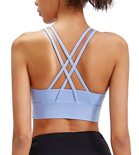 Lavento Strappy Sports Bras for Women Longline Padded Medium Support Yoga Top (Small, 2068 Light Sky Blue)