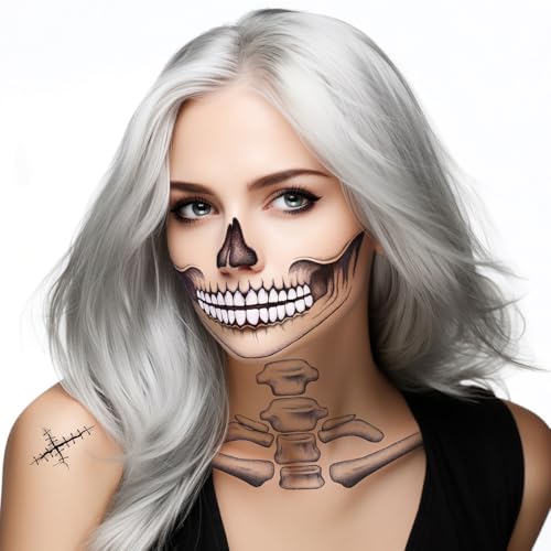 Skull Tattoo Halloween Temporary Face Tattoos for Men and Women, Adult, Skeleton Mouth Tattoo Spider Web Face Sticker 4 Sheets, Horror Zombie Makeup Kit, Scary Halloween Face Decals