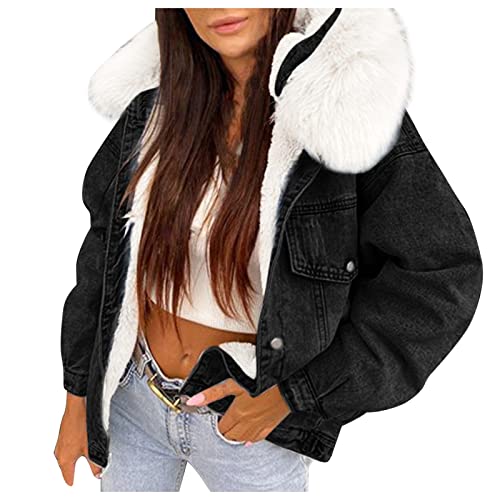 Lalaluka Chaqueta vaquera de felpa para mujer con solapa de bolsillo, A06, M Cover