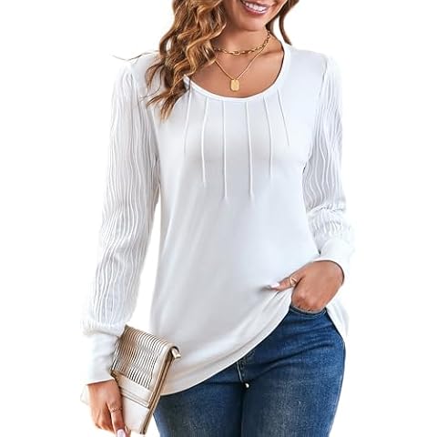 VOBCTY Tunic Tops for Women Loose Fit Dressy Long Sleeve Crew Neck Shirts Business Casual Fall Outfits White L Cover