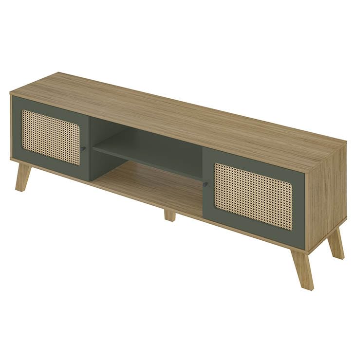 Rack Charlotte Artely 180cm, Carvalho e Menta, Estilo Retrô com Portas em Rattan, 1800x550x400mm