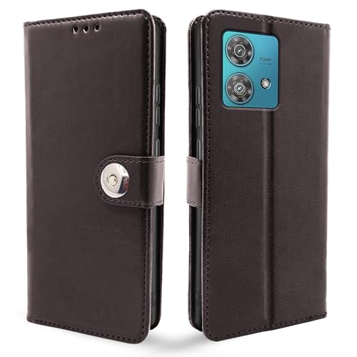Image of Pikkme Moto Edge 40 Neo 5G Flip Cover Leather Finish | Wallet Stand and Shock Proof | Inside TPU with Card Pockets | Complete Protection Button Flip Case (Coffee)