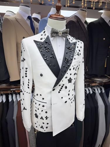Men's 2 Piece Shiny Suits Crystal Embellished Rhinestones Tuxedo Slim Fit Outfits with Jacket Pants3