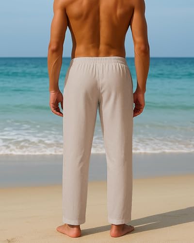 Image of PIDOGYM Mens Cotton Linen Pants, Summer Beach Pants Casual Loose Fit with Elastic Waist Drawstring