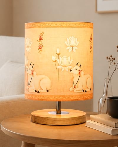 Image of Homesake Pine Table Lamp Wooden Bedside Lamp Simple Bedroom Light Linen Shade Mini Desk Lamp Nightstand Lamp for Bedroom, Living Room, Gift, (Pichwai Art of India Shade Cylinder)