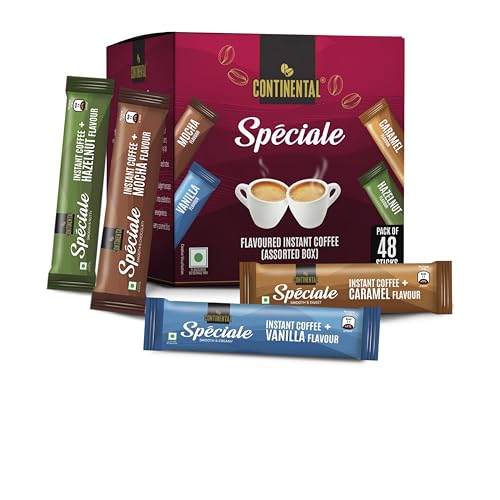 Image of Continental Speciale Assorted Coffee Sachets - 96gm | Pack of 48 | Flavour Instant Coffee Powder | 2g Each - Hazelnut, Vanilla, Mocha, Caramel | Makes 48 Cups | Enjoy Hot or Cold