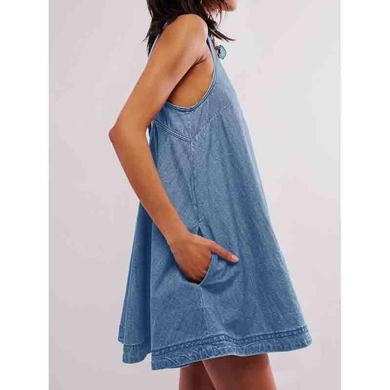 Women's Sleeveless Backless Denim Dress Solid Color Loose Casual Short Skirt Denim Skirt2