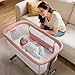 Kinder King Baby Bassinet Bedside Sleeper, Newborn Baby Bedside Crib w/Wheels, All-Sided Mesh, Adjustable Height, Removable Soft Mattress, No Tool to Assemble, Pink