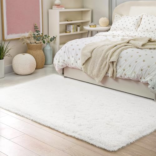 BEIMO Alfombra Pelo Largo, Shaggy Moderna Alfombras Salón, Suave, Antideslizante, No Pierde Pelo Alfombra para Dormitorio, Habitacion, Blanco, 60X120CM