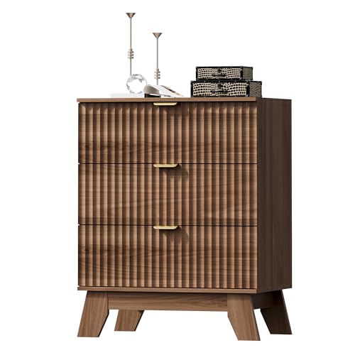 Image of HUANLEGO Fluted Nightstand with 3 Drawer for Bedroom, Walnut | Mid Century Modern Beside Table with Metal Handle, Wooden End Table with 3 Drawers for Living Room, Closet, Entryway