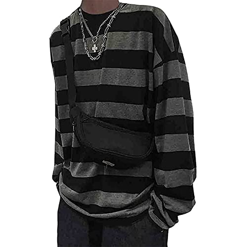 Women Harajuku Oversized Stripe Casual Long Sleeves Crewneck T-Shirt Tee Tops Grey