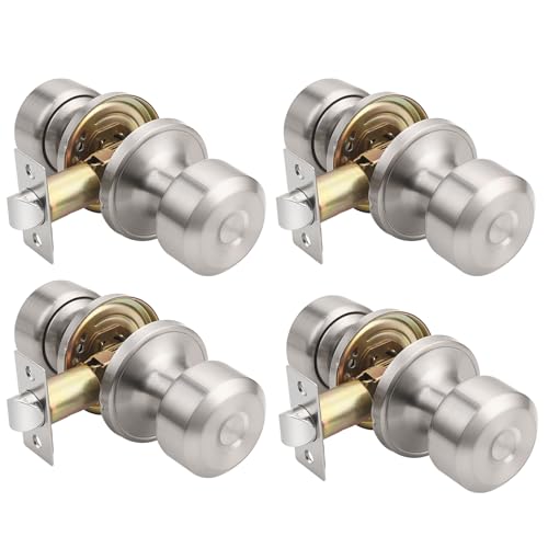 KNOBWELL Brushed Nickel Closet Door Knob, Interior Door Knobs with Cylindrical Shape Knob for Passage, Hallway Doors, Keyless Non-Locking Indoor Door Handle, 4 Pack