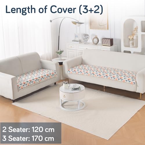 Image of HOKIPO Folk Garden Quilted Sofa Cover 5 Seater Set with Tassels - Washable 3+2 Sofa Cover Mat |'Tassel Twigs' Series (IN-985-T9 + IN-983-T9)