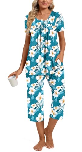 Image of Womens Summer Pajama Sets 2 Piece Short Sleeve Top and Capri Pants Plus Size Ladies Lounge Pjs Sets with Pockets